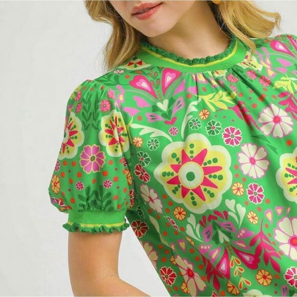 Umgee Tops - 🎁25% Off Bundles🎁  Umgee Retro Floral Puff Sleeve Top Floral Green Top